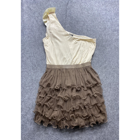 Windsor Dress Womens Large Cream Brown One Shoulder Ruffle Tulle Party Y2K - Picture 13 of 14